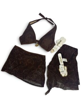 Boho Crochet 3pc Bikini Set Sarong Cover Up Brown NWT Size 14 Pilpel